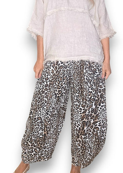 White Leopard Barrel Linen Pants