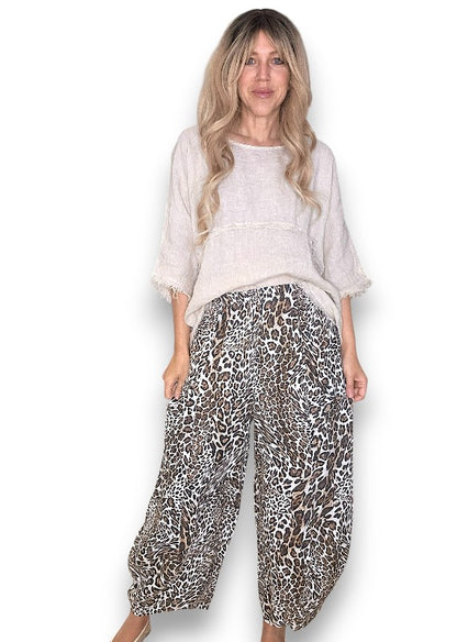 White Leopard Barrel Linen Pants