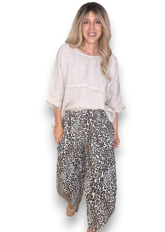 White Leopard Barrel Linen Pants