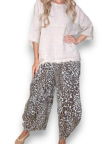 White Leopard Barrel Linen Pants