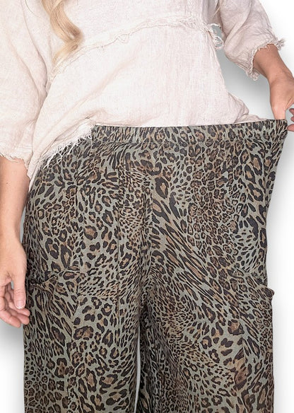 Mocha Leopard Barrel Linen Pants