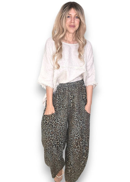 Drk-Forest Leopard Barrel Linen Pants