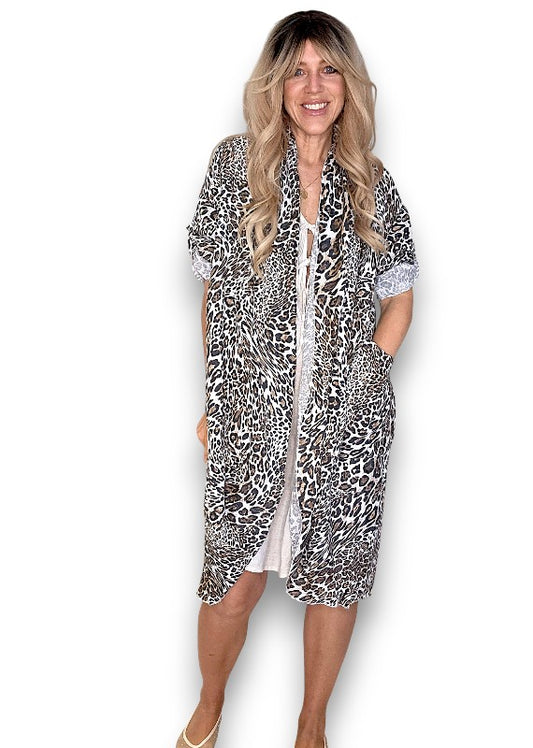 White Leopard Linen Cover Up