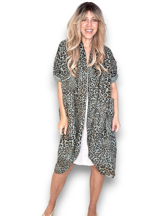Sage Leopard Linen Cover Up