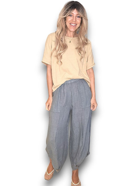 Grey Mini Button Linen Pants