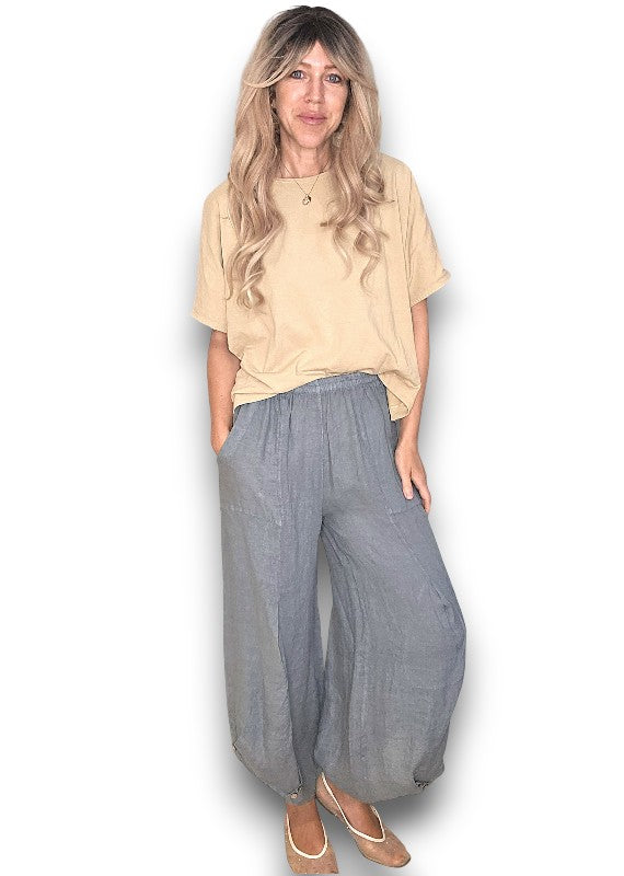 Grey Mini Button Linen Pants