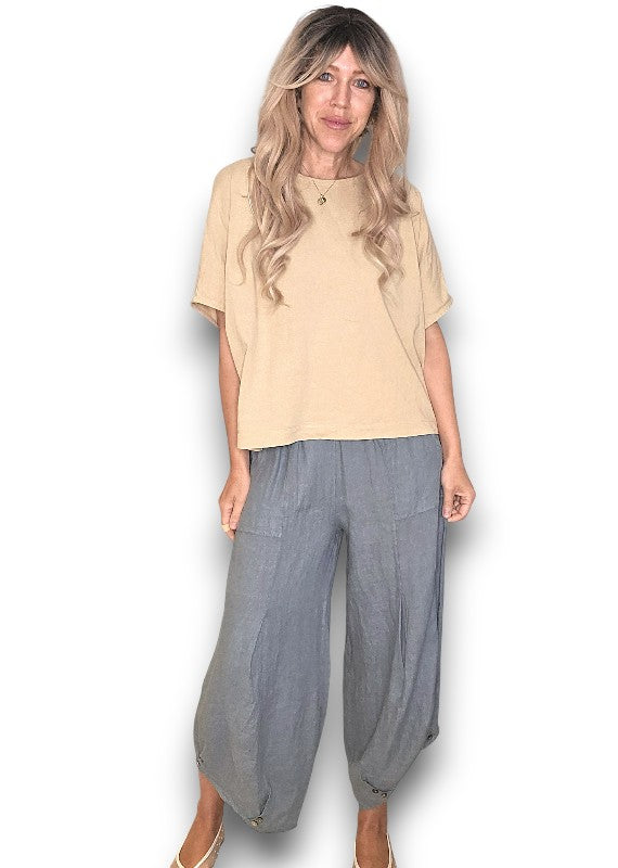 Grey Mini Button Linen Pants