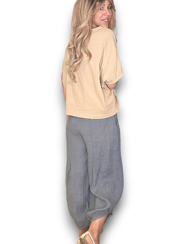 Grey Mini Button Linen Pants