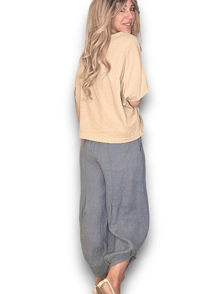 Grey Mini Button Linen Pants