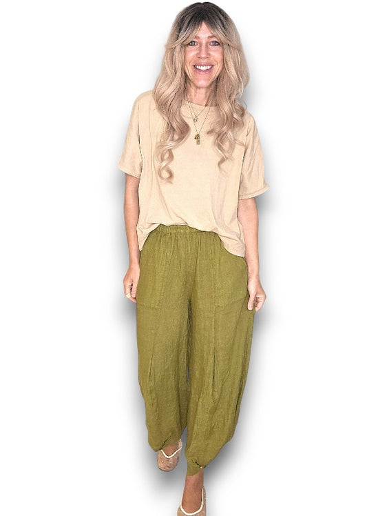 Olive Mini Button Linen Pants
