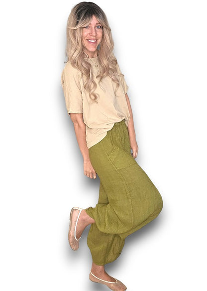 Olive Mini Button Linen Pants
