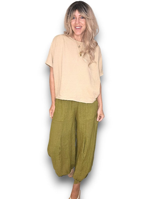 Olive Mini Button Linen Pants