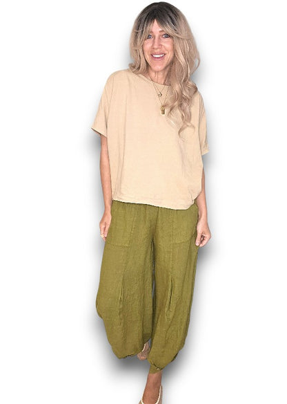 Olive Mini Button Linen Pants