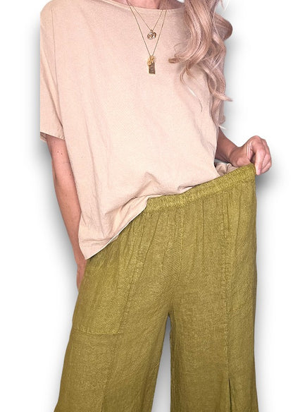 Olive Mini Button Linen Pants