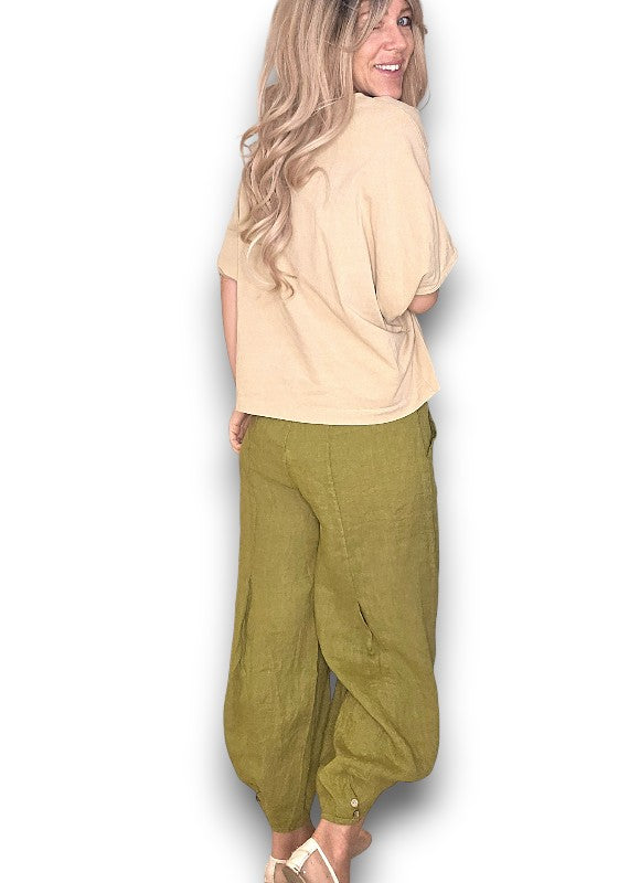 Olive Mini Button Linen Pants