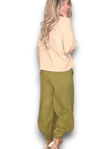 Olive Mini Button Linen Pants