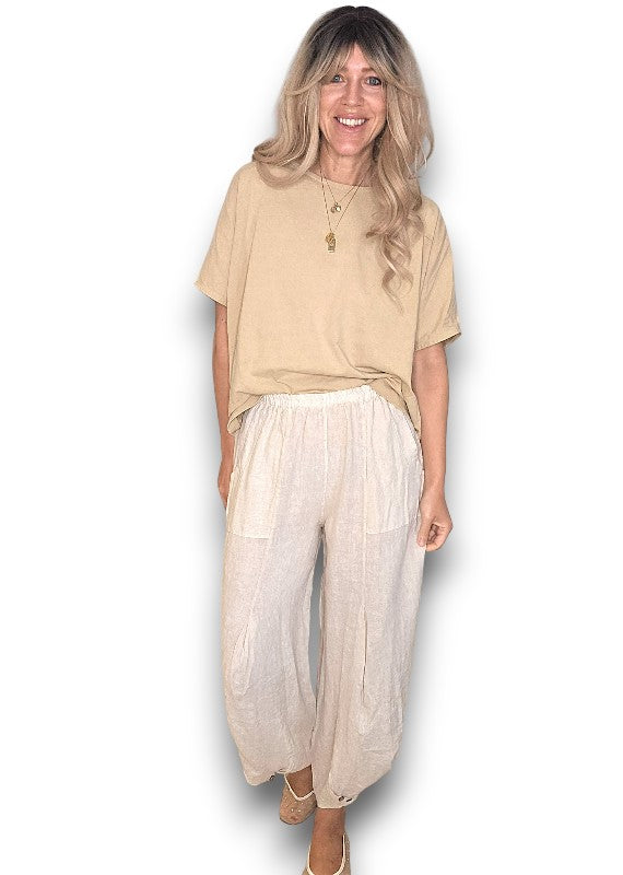 Beige Mini Button Linen Pants