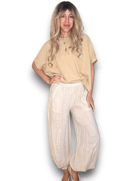 Beige Mini Button Linen Pants