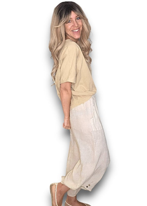 Beige Mini Button Linen Pants