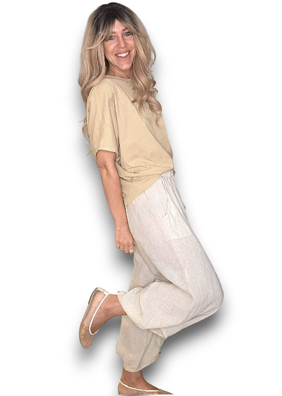 Beige Mini Button Linen Pants