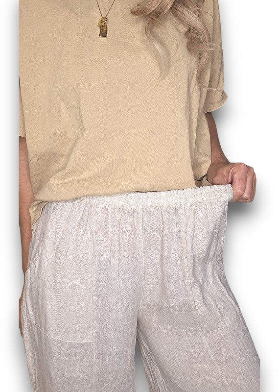 Beige Mini Button Linen Pants