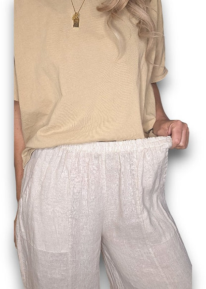 Beige Mini Button Linen Pants