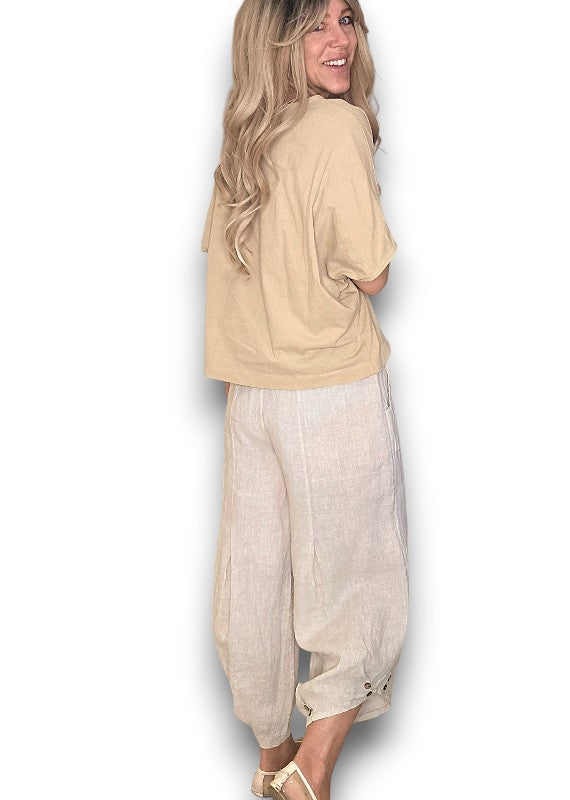 Beige Mini Button Linen Pants