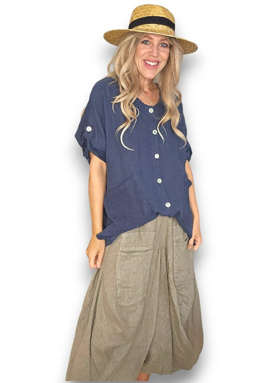 Navy Pearl Button Top