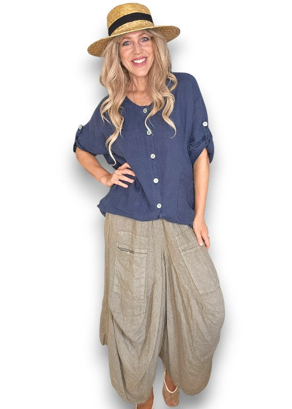 Navy Pearl Button Top