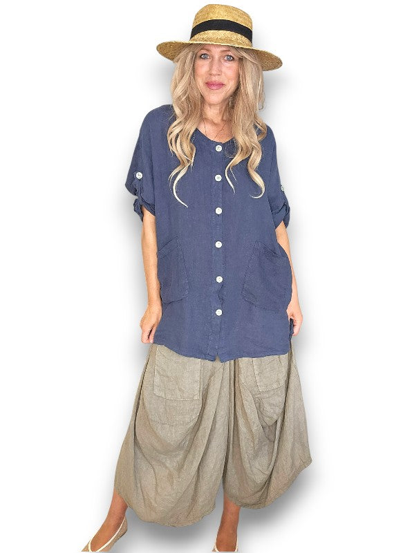 Navy Pearl Button Top