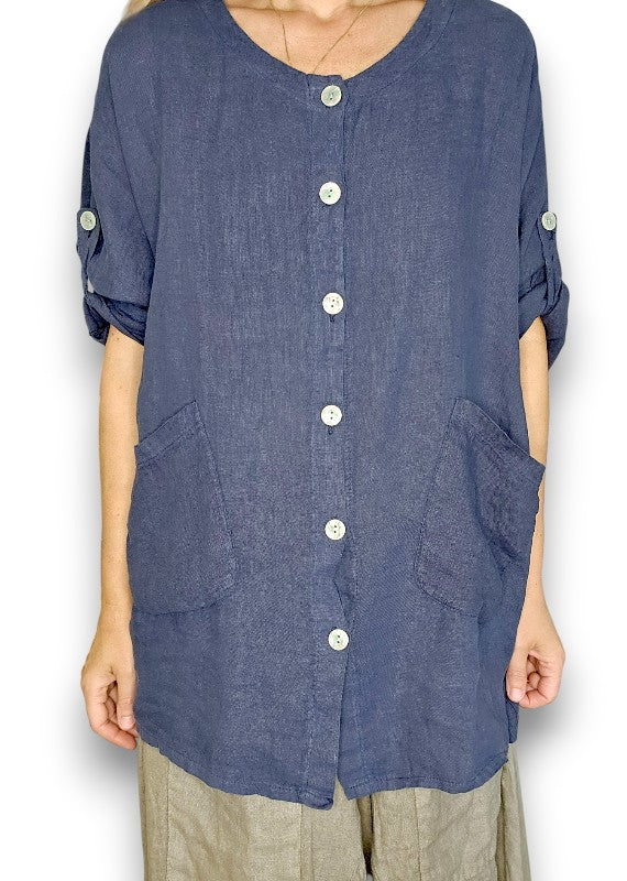 Navy Pearl Button Top