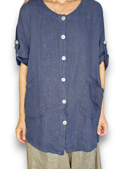 Navy Pearl Button Top