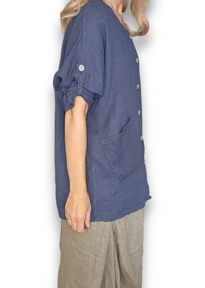 Navy Pearl Button Top