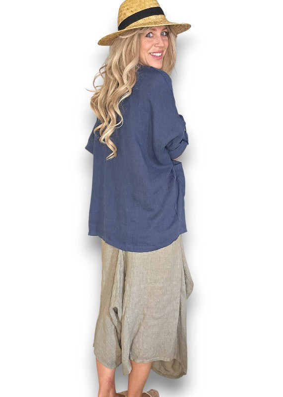 Navy Pearl Button Top