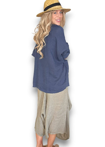 Navy Pearl Button Top