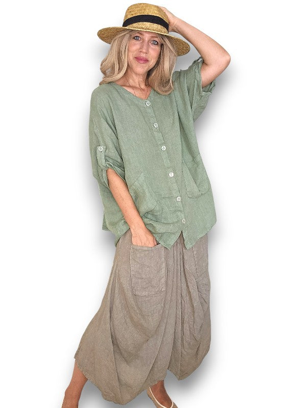 Sage Pearl Button Top