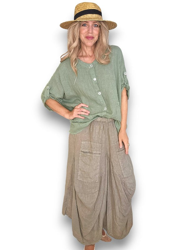 Sage Pearl Button Top