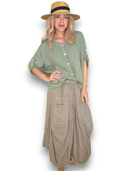 Sage Pearl Button Top