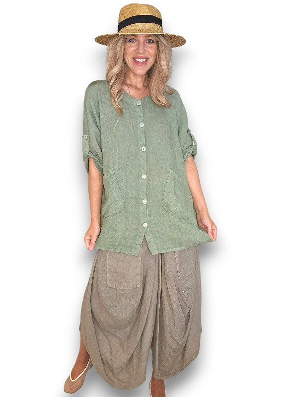 Sage Pearl Button Top