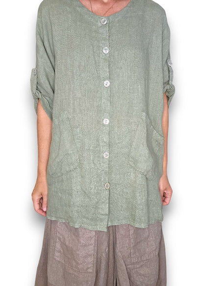 Sage Pearl Button Top