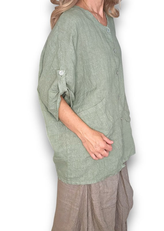 Sage Pearl Button Top