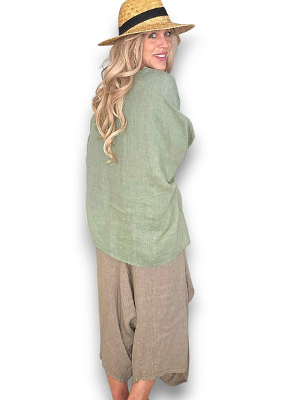 Sage Pearl Button Top