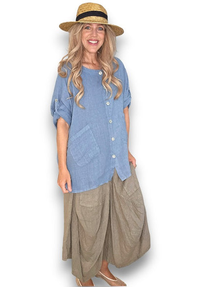 Petrol Pearl Button Top