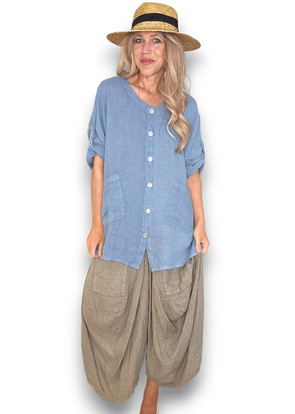 Petrol Pearl Button Top