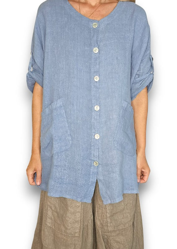 Petrol Pearl Button Top