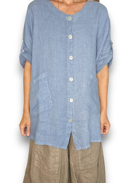 Petrol Pearl Button Top