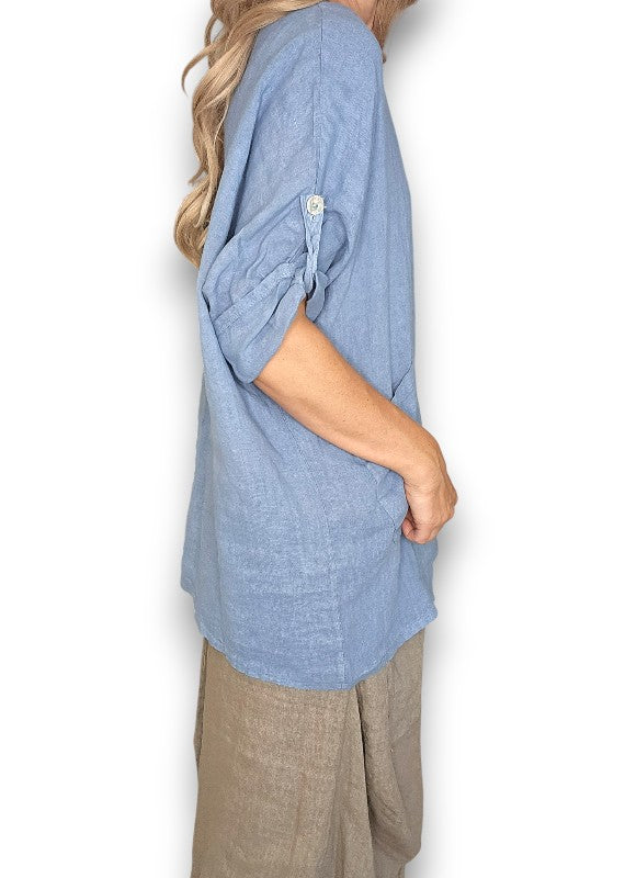 Petrol Pearl Button Top