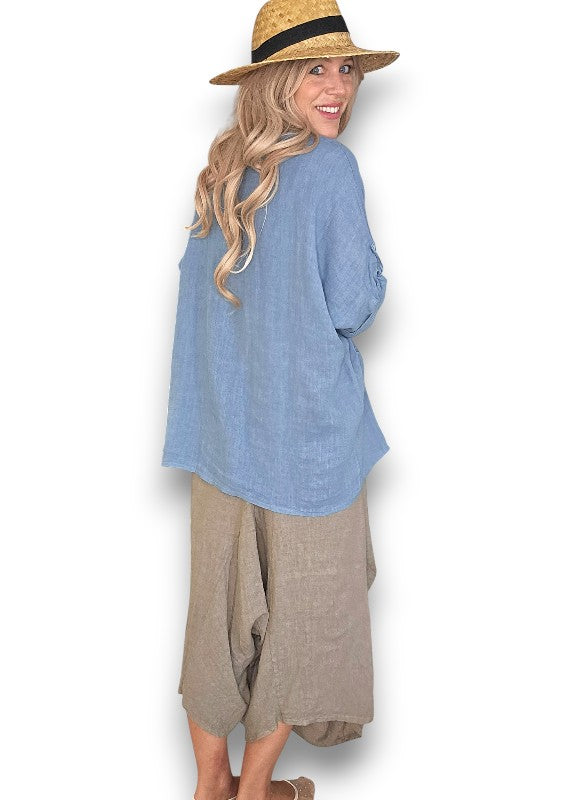 Petrol Pearl Button Top