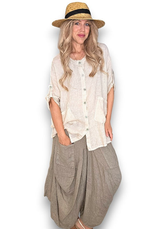 Beige Pearl Button Top