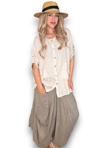Beige Pearl Button Top